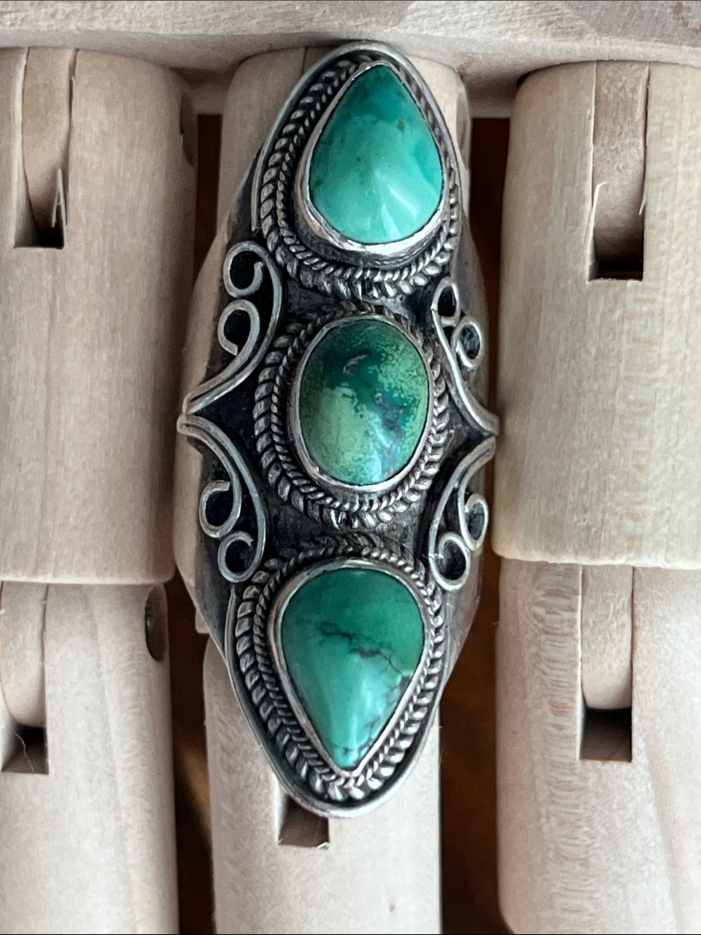 Turquoise and Silver Ring .925 SS Three stone Statement Ring